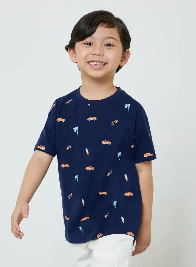 Styli Boys Blue Printed Cotton Oversized T-Shirt