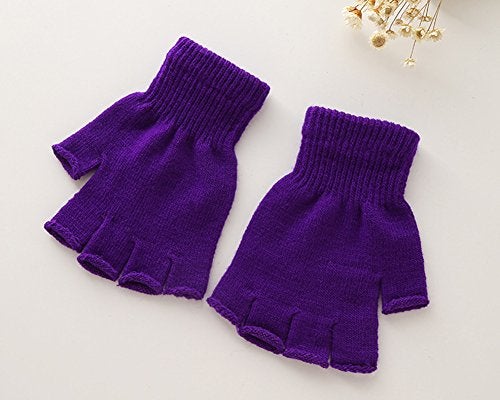 X&F Boys' and Girls' Solid Knitted Half Finger Mittens Typing Gloves, Small, Purple - Image 2