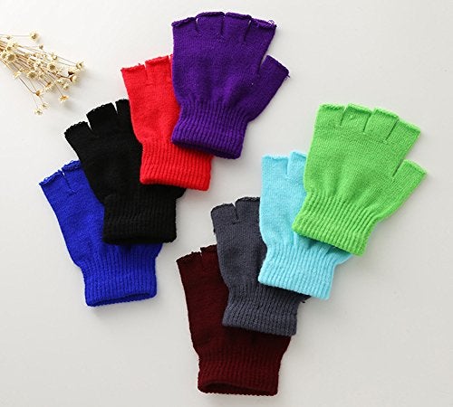 X&F Boys' and Girls' Solid Knitted Half Finger Mittens Typing Gloves, Small, Purple - Image 3