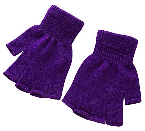 X&F Boys' and Girls' Solid Knitted Half Finger Mittens Typing Gloves, Small, Purple - Image 4