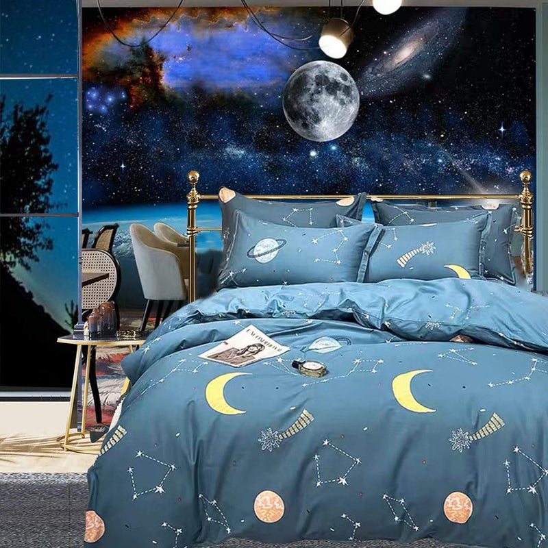FADFAY FADFAY Galaxy Space Bedding Sets 100 Cotton Kids Full Size Blue Universe Stars Moon Zipper Duvet Cover with 2 Pillowcases for Boys Girls Teens Bedroom No Filling Stuff