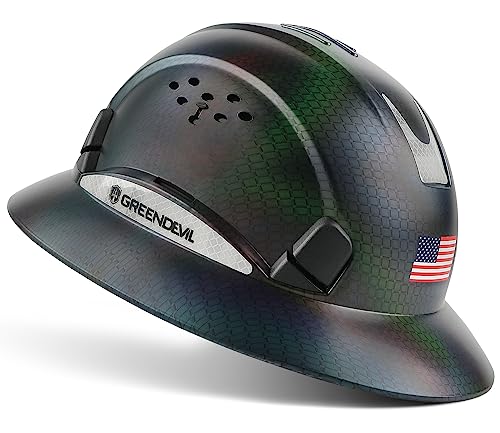 GREEN DEVIL Full Brim Hard Hat Vented Construction Safety Helmet OSHA Approved Cascos De Construccion ABS Work Hardhat for Men&Women 6 Point Adjustable Ratchet Suspension Custom Pattern Design - Image 1