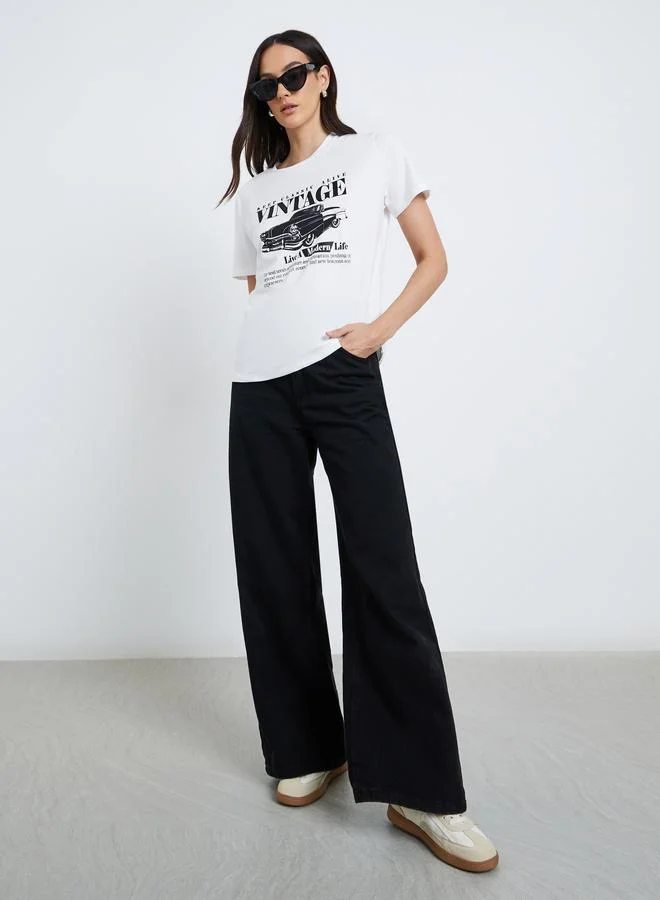 ستايلي Styli Vintage Car Print Slim Fit T-Shirt