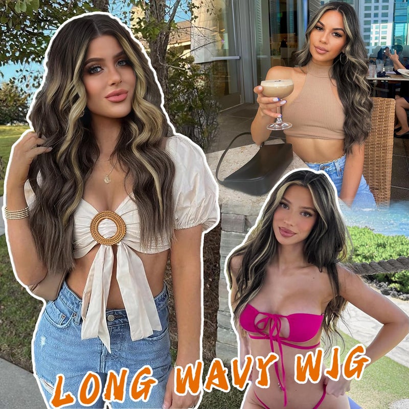 AISI HAIR Long Wavy Dark Brown with Blonde Highlight Lace Hairline Wigs for Womenï¼ŒMiddle Part Synthetic Heat Resistant Wig for Daily Party-26 Inch - Image 3