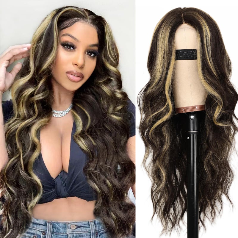 AISI HAIR Long Wavy Dark Brown with Blonde Highlight Lace Hairline Wigs for Womenï¼ŒMiddle Part Synthetic Heat Resistant Wig for Daily Party-26 Inch - Image 1
