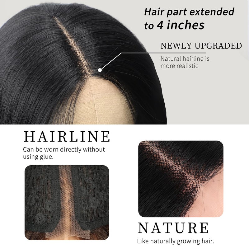 AISI HAIR Long Wavy Dark Brown with Blonde Highlight Lace Hairline Wigs for Womenï¼ŒMiddle Part Synthetic Heat Resistant Wig for Daily Party-26 Inch - Image 4