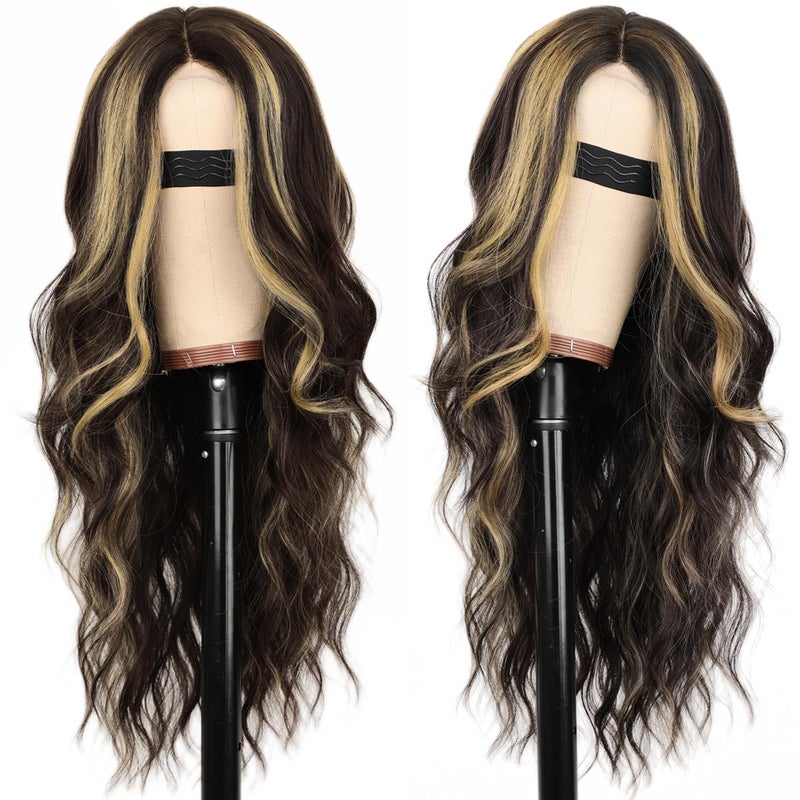AISI HAIR Long Wavy Dark Brown with Blonde Highlight Lace Hairline Wigs for Womenï¼ŒMiddle Part Synthetic Heat Resistant Wig for Daily Party-26 Inch - Image 2