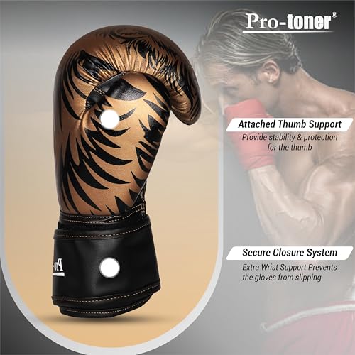 Protoner Pro-Toner Boxing Gloves, Red and Black Tiger Print Design, Faux Leather, for Men and Women (Golden/Black, 12 oz) - Image 4