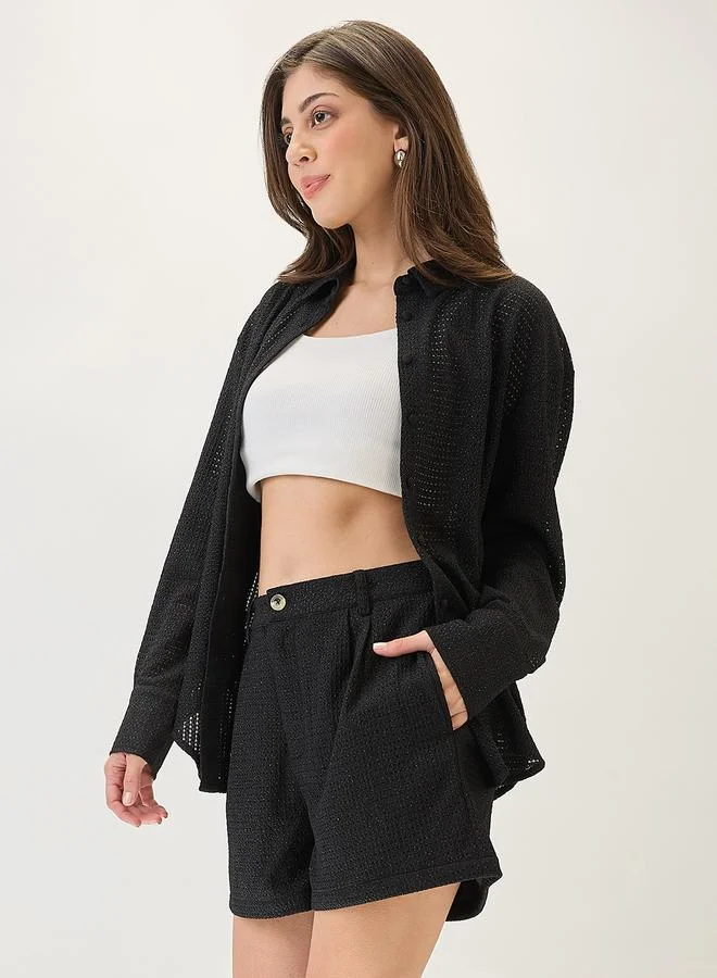 globus Globus Black Crochet Knit Shirt and Shorts Co-Ords