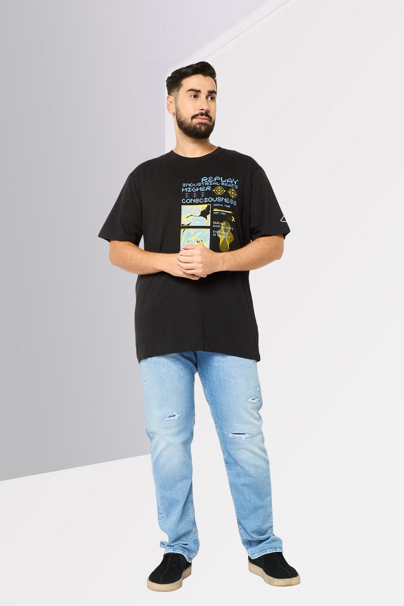 Replay تي شيرت رجالي بأكمام قصيرة وياقة دائرية بطباعة جرافيك، أسود - Image 2