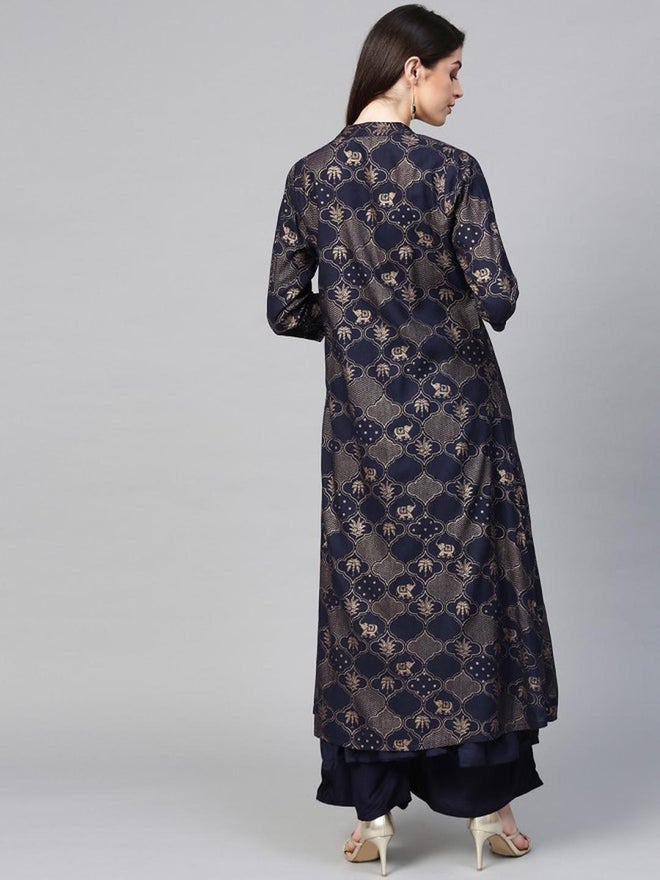 آي شين طقم كورتا نسائي أزرق داكن مطبوع مع بنطلون بالازو وجاكيت - Image 3