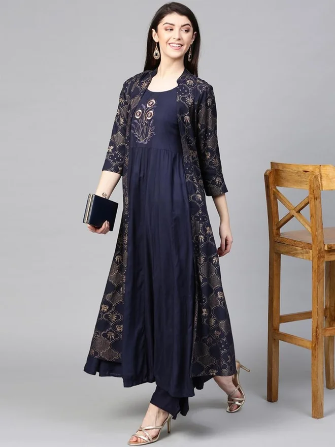 ISHIN Women Dark Blue Printed Kurta with Palazzos and Jacket Set