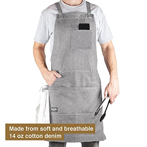Hudson Durable Goods Professional Grade Chef Apron for Kitchen, BBQ, and Grill - Adjustable Crossback Denim Apron for Men and Women with Pockets, Towel Loop, Quick Release Buckle - 34 x 27 Inch, Grey - Image 4