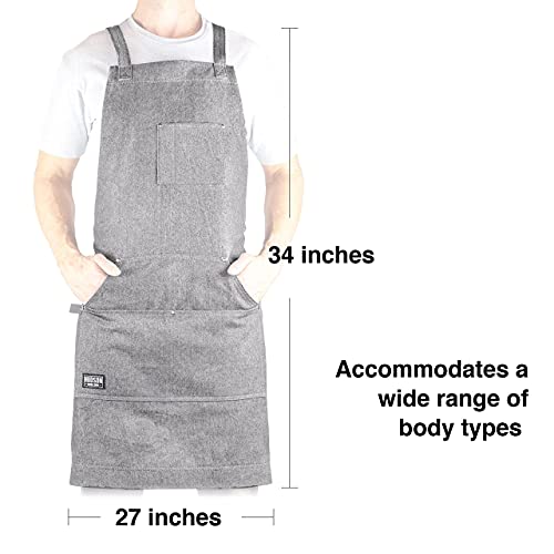 Hudson Durable Goods Professional Grade Chef Apron for Kitchen, BBQ, and Grill - Adjustable Crossback Denim Apron for Men and Women with Pockets, Towel Loop, Quick Release Buckle - 34 x 27 Inch, Grey - Image 2
