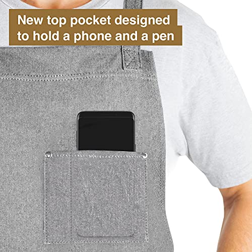Hudson Durable Goods Professional Grade Chef Apron for Kitchen, BBQ, and Grill - Adjustable Crossback Denim Apron for Men and Women with Pockets, Towel Loop, Quick Release Buckle - 34 x 27 Inch, Grey - Image 5