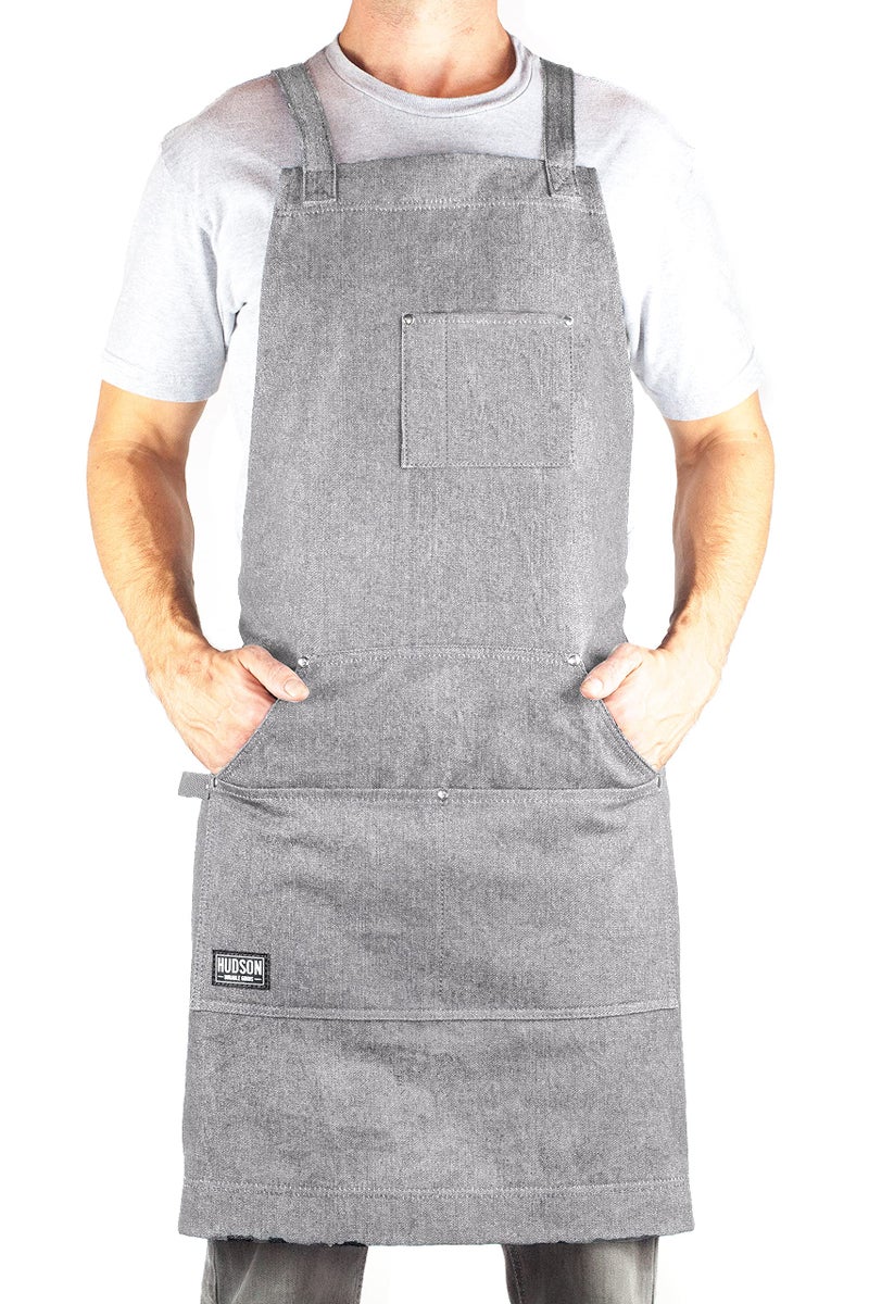 Hudson Durable Goods Professional Grade Chef Apron for Kitchen, BBQ, and Grill - Adjustable Crossback Denim Apron for Men and Women with Pockets, Towel Loop, Quick Release Buckle - 34 x 27 Inch, Grey - Image 1