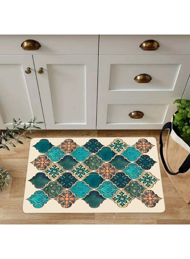 Moroccan Andalusian Tile Area Rug, Teal Green Orange Quatrefoil Pattern, Polyester - Image 1