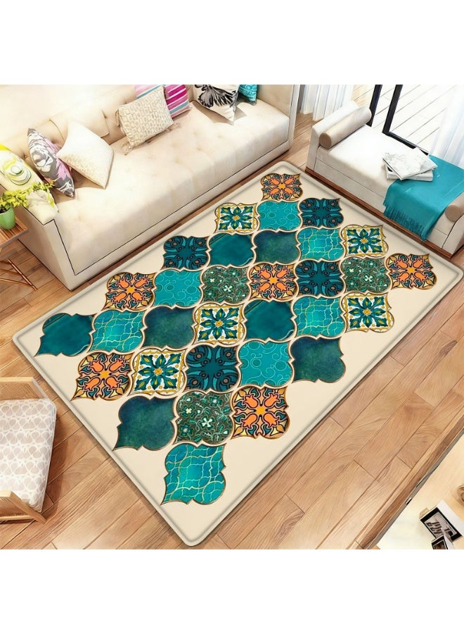 Moroccan Andalusian Tile Area Rug, Teal Green Orange Quatrefoil Pattern, Polyester - Image 3