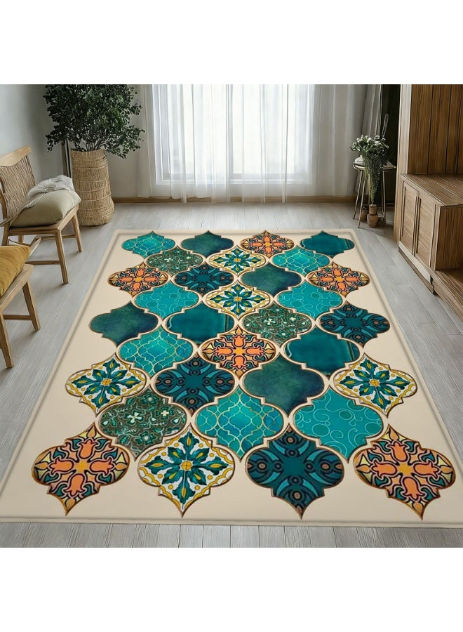 Moroccan Andalusian Tile Area Rug, Teal Green Orange Quatrefoil Pattern, Polyester - Image 4