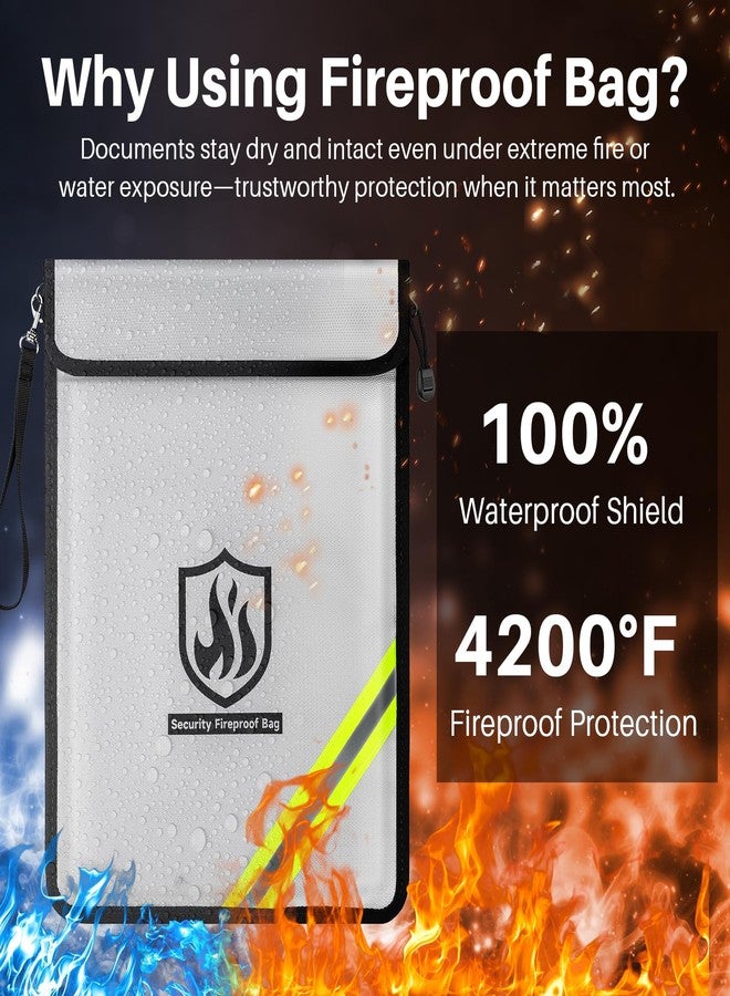 Yncotte Fireproof Document Bag, 15 x 11 Inch Waterproof Documents Holder 2000℉ Safe for Important File Money Cash Legal Papers, Two Pockets Dual Zippered File Bag with Hand-held Strap & Reflective Strip - Image 3