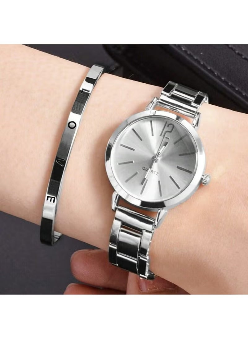 olayks Women's Stylish Metallic Quartz Watch with Trendy LOVE Open Cuff Bracelet, Stainless Steel & Waterproof, Wrist Accessories, Ideal Gift for Girlfriend (Silver) - Image 1