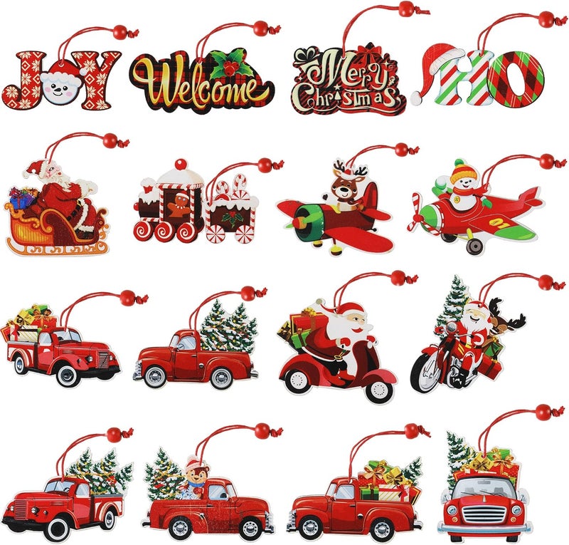 Queekay 16 Pieces Wooden Red Truck Ornaments Vintage Christmas Tree Decorations Xmas Hanging Pickup Truck Ornament Rustic Farmhouse Crafts for Holiday Party Home Favors - Image 1
