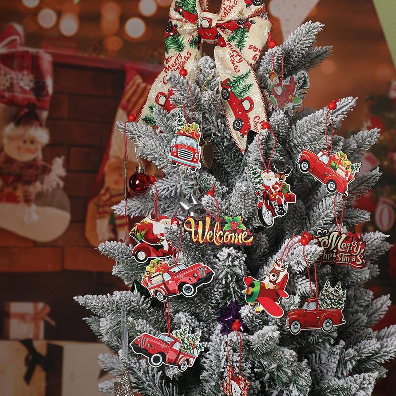 Queekay 16 Pieces Wooden Red Truck Ornaments Vintage Christmas Tree Decorations Xmas Hanging Pickup Truck Ornament Rustic Farmhouse Crafts for Holiday Party Home Favors - Image 3