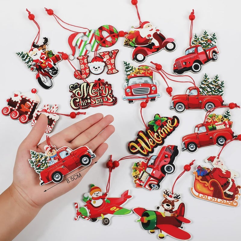 Queekay 16 Pieces Wooden Red Truck Ornaments Vintage Christmas Tree Decorations Xmas Hanging Pickup Truck Ornament Rustic Farmhouse Crafts for Holiday Party Home Favors - Image 2