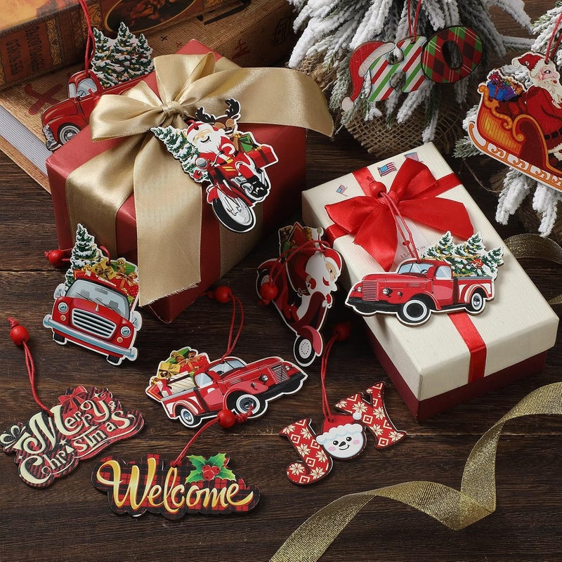 Queekay 16 Pieces Wooden Red Truck Ornaments Vintage Christmas Tree Decorations Xmas Hanging Pickup Truck Ornament Rustic Farmhouse Crafts for Holiday Party Home Favors - Image 4