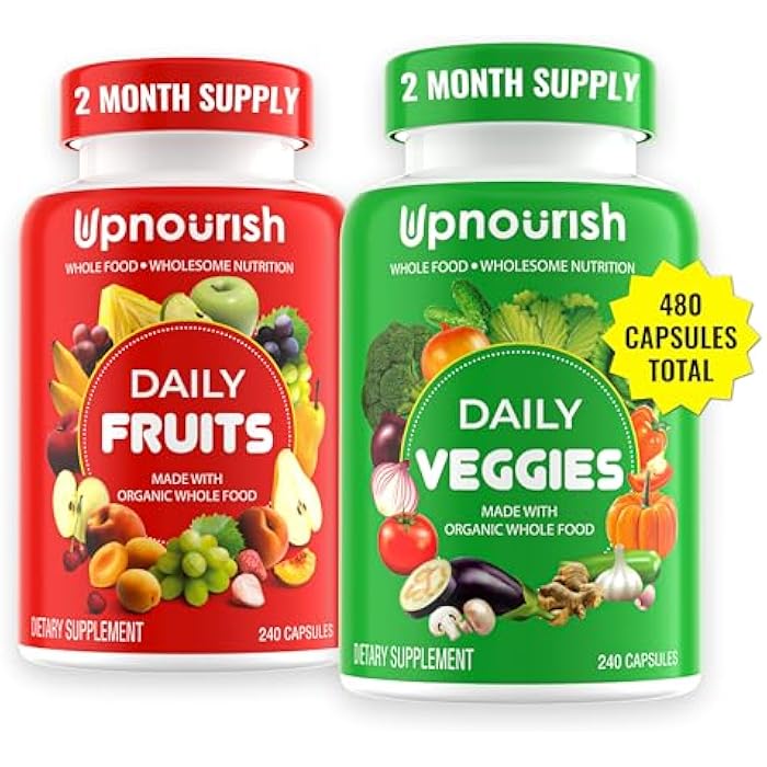 UpNourish Organic Fruits and Veggies Supplement - Support Diet Balance, Body Cleanse & Energy - 480 Fruits and Super Greens Capsules from Nature - Fruit and Vegetable Supplements for Adults & Kids - Image 1