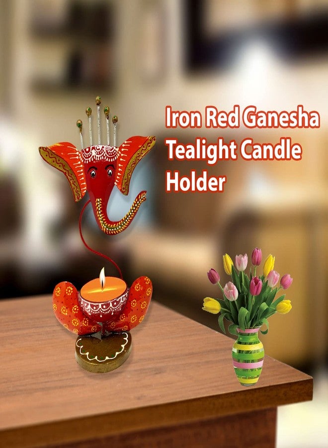 Litvibes Lord Ganesha Diya Tea Light Candle Holder for Traditional Diwali Decoration for Home/Office Decorative Pooja Stand Festival Celebration Gift -RED - Image 1