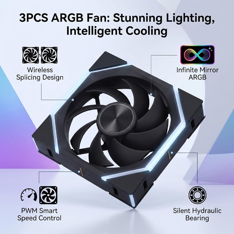 Zopsc ARGB PC Case Fans, 3PCS PWM Computer Fans with Infinite Mirror Effect Hydraulic, Bearing 800 to 2000RPM, for Computer Cooling Case - Image 2