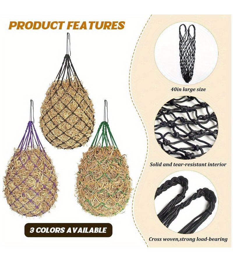 Heavy Duty Slow Feeder Hay Net For Horses 101.6cm Length 2.36in Holes Green - Image 3