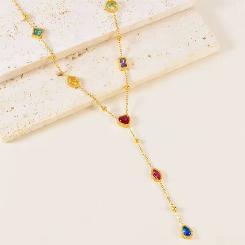 Colorful Zirconic Golden Stainless Steel Pendant Necklace - Image 2