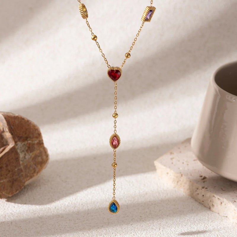 Colorful Zirconic Golden Stainless Steel Pendant Necklace - Image 1