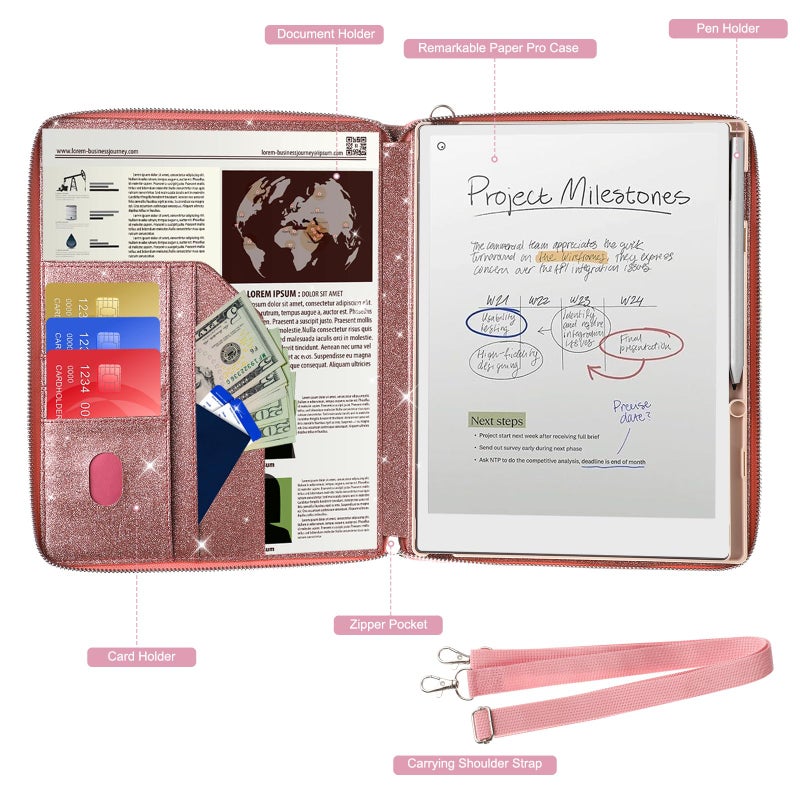 E NET-CASE Glittering PU Leather Case for Remarkable Paper Pro Tablet 11.8" (2024 Released), Business Handheld Design Cover for Remarkable Pro Digital Paper with Pen Holder (Starry Night Pink) - Image 4