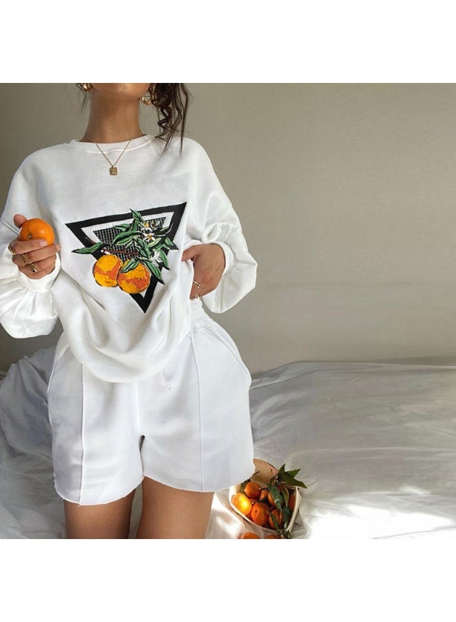 NIBEMINENT Autumn  Casual 2 Piece Set Fashion Loose Solid Color O-neck Print Pullover Sweatshirt High Waist Lace Up Shorts Set For Women - Image 1