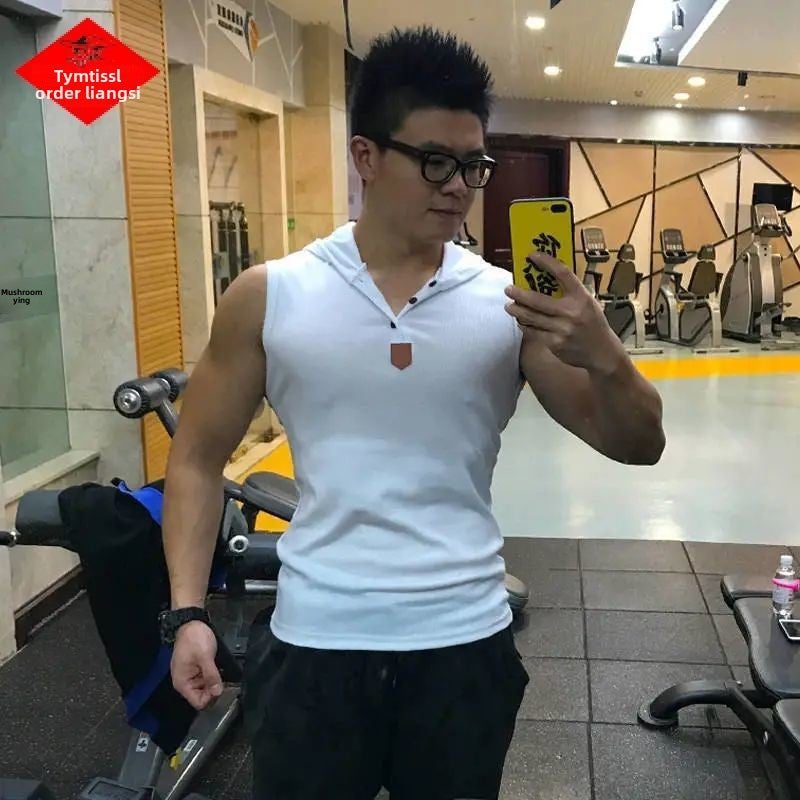 Mens Fitness Sleeveless Sweater Hooded Vest Cardigan Korean Sports Vest Slim Fit Top Waistcoat Summer Hoodie White. color pullover 