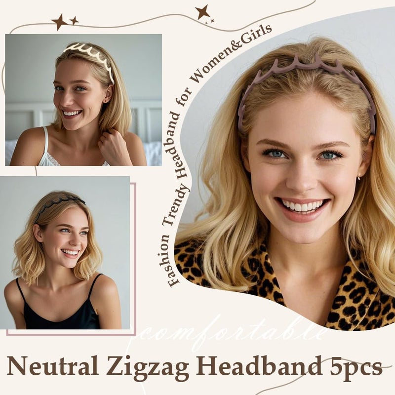 Aprince Zigzag Headbands 5pcs, Neutral Matte Plastic Headbands with Teeth, Non-slip Wavy Hairbands for Women&Men, U Shape Reversible Headband, Retro High Skull Headband, 90s Comb Hair Hoop - Image 2
