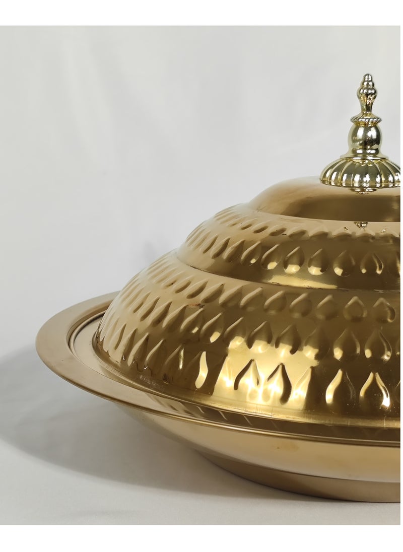 HTH - Multipurpose Use Water Drop Pattern Stainless Steel Round Serving Tray with Dome Lid Hotel Buffet Plate Restaurant Tableware Banquet Food Plate 30/35/40/45/50/55 cm - Image 1