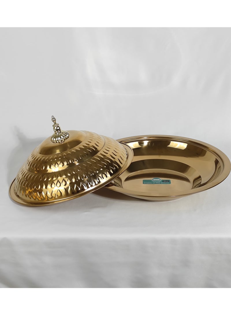 HTH - Multipurpose Use Water Drop Pattern Stainless Steel Round Serving Tray with Dome Lid Hotel Buffet Plate Restaurant Tableware Banquet Food Plate 30/35/40/45/50/55 cm - Image 1