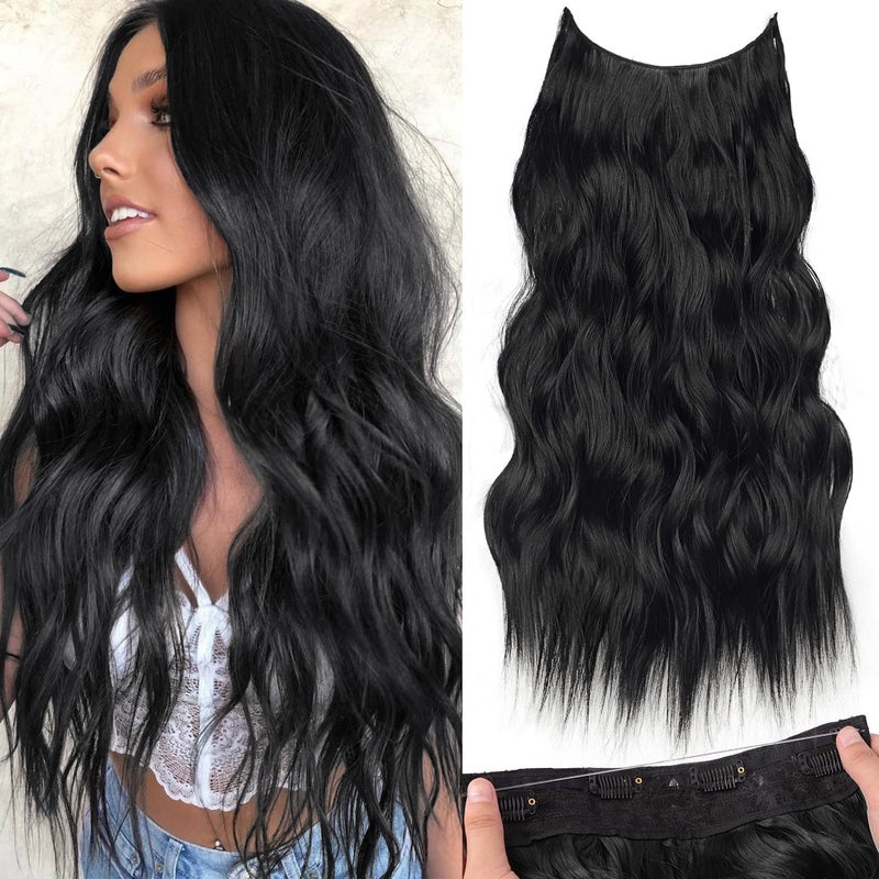 KooKaStyle Invisible Wire Hair Extensions with Transparent Wire Adjustable Size 4 Secure Clips Long Wavy Secret Synthetic Hairpiece (24 Inch, Black) - Image 1