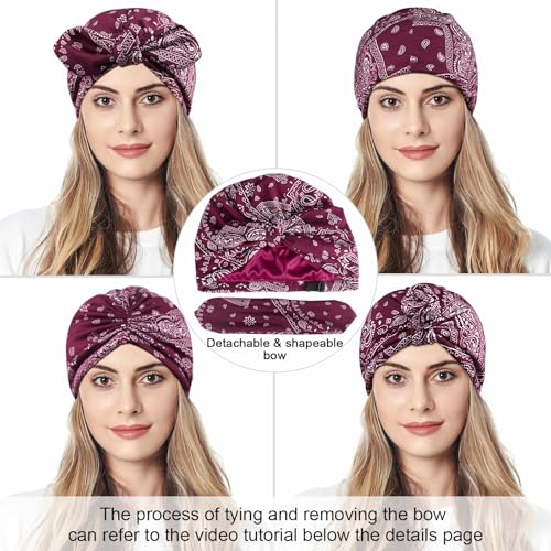 Ababalaya Satin Lined Beanies for Women Chemo Headwear Silky Lined Cotton Sleeping Cap (1, Red（Burgundy ）) - Image 4