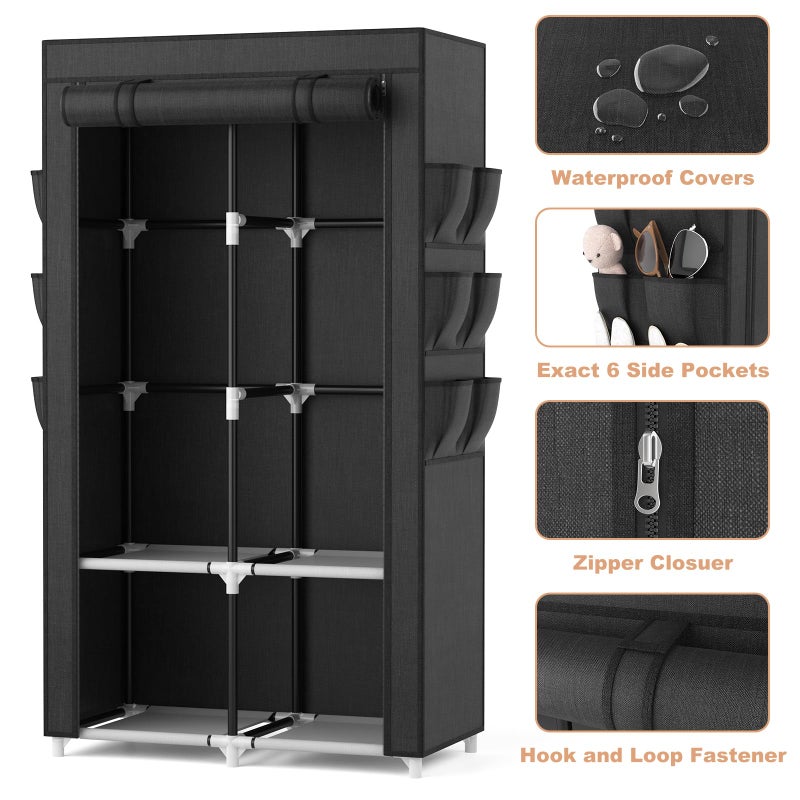 VTRIN Portable Closet Wardrobe Closet for Hanging Clothes with 4 Storage Shelves, 2 Hanging Rods and 6 Pockets, Stable and Easy Assembly Clothes Rack with Cover Free Standing Closet for Bedroom, Black - Image 4