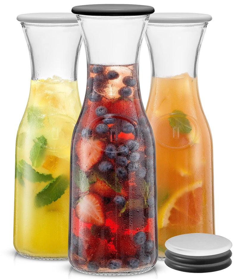 JoyJolt JoyJolt Glass Carafe with Lid Set of 3  1 Liter Glass Pitcher for Mimosa Bar Water Iced Tea Juice Wine Lemonade Milk  Dishwasher Safe Beverage Drink Dispensers for Brunch Parties 