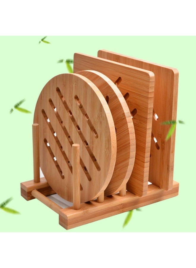 Garkup Bamboo Trivet Kitchen Bamboo Hot Pads Trivet Natural Bamboo Trivet Mat Set for Hot Dishes/Pot/Bowl/Teapot/Hot Pot Holders 2 Square 2 Roundness 1 Storage Rack - Image 1