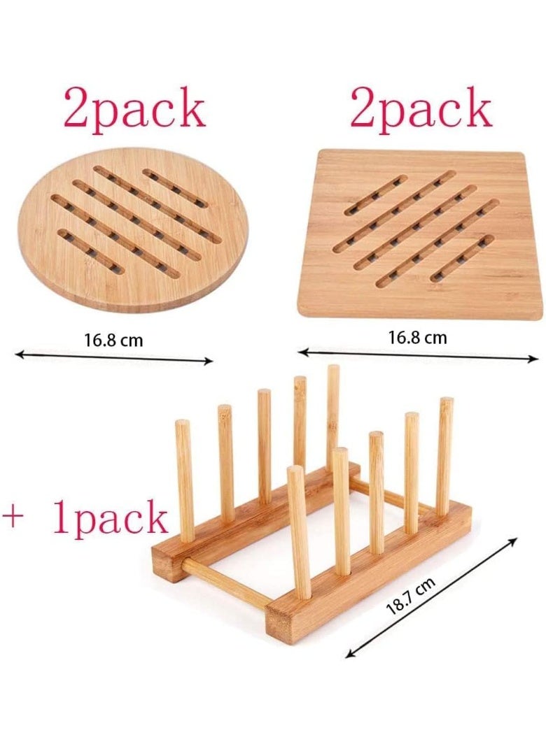 Garkup Bamboo Trivet Kitchen Bamboo Hot Pads Trivet Natural Bamboo Trivet Mat Set for Hot Dishes/Pot/Bowl/Teapot/Hot Pot Holders 2 Square 2 Roundness 1 Storage Rack - Image 2