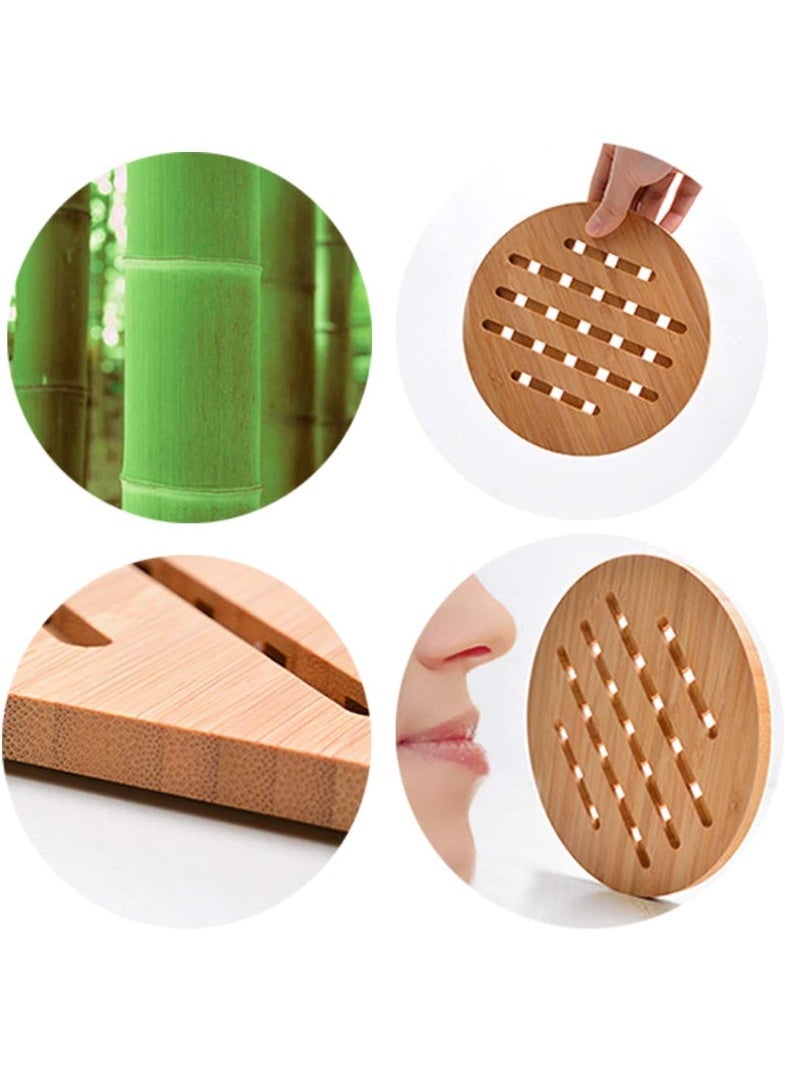 Garkup Bamboo Trivet Kitchen Bamboo Hot Pads Trivet Natural Bamboo Trivet Mat Set for Hot Dishes/Pot/Bowl/Teapot/Hot Pot Holders 2 Square 2 Roundness 1 Storage Rack - Image 3