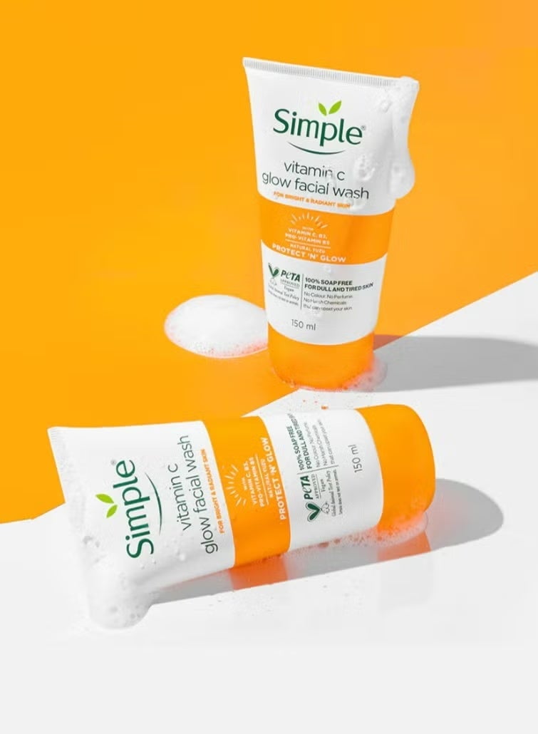 Simple Vitamin C Glow Face Wash 150ml – Brightening Gentle Cleanser for Women & Men | Soap-Free Daily Face Wash for Sensitive, Dry & Oily Skin - Image 1