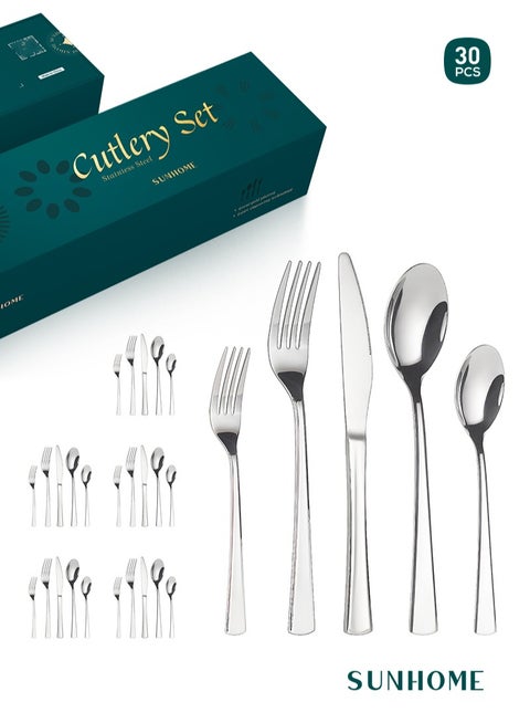 SUNHOME 30-Piece Stainless Steel Cutlery Set Kitchen Utensil Set Western Tableware Suitable For Home Kitchen Restaurant Hotel Party Dining Picnic Dining Exquisite Packaging Gift Silver